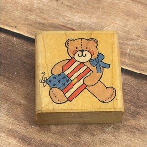 RARE PENNY BLACK 678C AMERICANA TEDDY WOOD MOUNTED RUBBER STAMP TEDDY BEAR FLAG